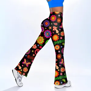 Dames hoge taille uitlopende broek vintage retro bloemen paddestoel print slim fit