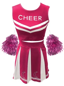 Pink cheerleading uniform set with pleated skirt and pompoms for sports team performance.