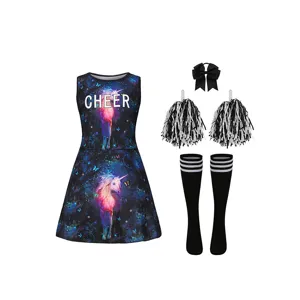 Kinder Cheerleader Kostüm Set Kleid Pompons Socken Schleife Einhorn Druck Performance