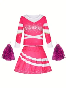 Kids pink cheerleading costume set long sleeve top pleated skirt and shiny pom poms for girls