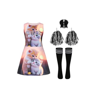 Kinder Cheerleader Kostüm Set mit süßem Katzen Print Kleid Pompons Socken für Auftritt