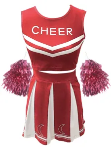 Red white cheerleader costume set crop top pleated skirt with pom poms dance outfit