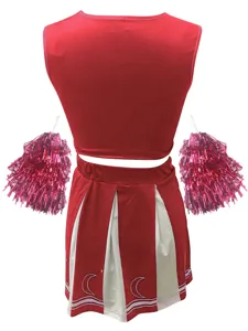 Red cheerleader costume crop top and pleated skirt with pom poms for sports events