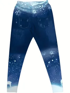 Back view detail of high waist stretch Christmas snowflake print skinny leggings pants.