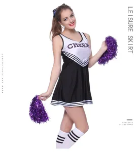 Cheerleading uniform costume set with black white dress and purple pom poms for stage performance