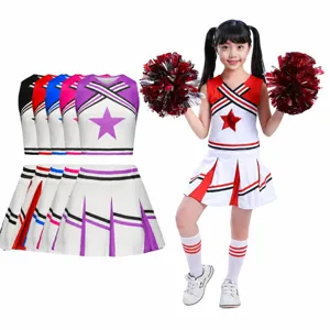 Kids Cheerleading Uniform Set Polyester V-Neck Cropped Top And Pleated Skirt With Pom-Poms Performance Party Costume