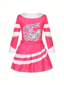 Pink cheerleading costume set long sleeve dance dress with pleated skirt for performance party.