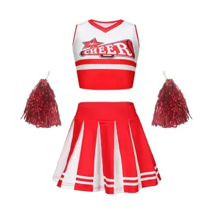 Children cheerleading costume set featuring a red white crop top, pleated skirt, and pom poms.