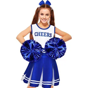 Close-up detail of the blue and white cheerleading costume top and vibrant pompoms.