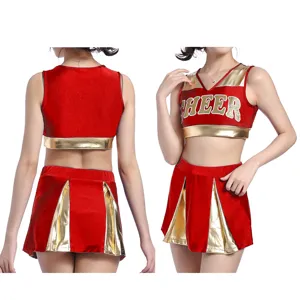Red gold cheerleading costume set crop top and pleated skirt for dance performance.