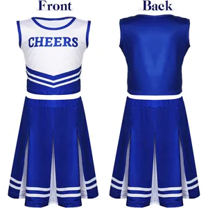 Kids cheerleading outfit set, blue white sleeveless crop top and pleated skirt for girls.