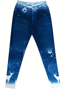 Christmas fake denim printed high waist elastic skinny fitness yoga sports leggings pants