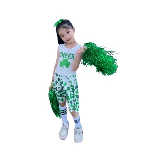 Kids cheerleader costume set, white top green skirt and pom-poms for sports dance.