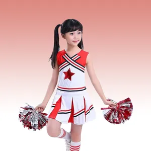 Kids cheerleading costume detail view, red and white uniform with cute pompoms set.