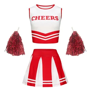 Girls red and white cheerleader costume set featuring a crop top, pleated skirt and pom poms.