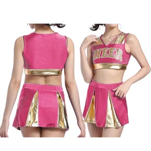 Pink velvet cheerleading uniform set crop top with pleated skirt for dance show.