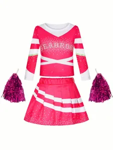 Women Kids Cheerleader Costume Long Sleeve Top Pleated Skirt Performance Party Cosplay Outfit Sports Set
