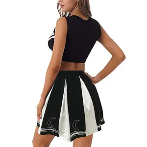 Black and white cheerleading outfit crop top and pleated skirt set for women sports performance.