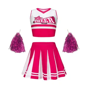 Kids cheerleading uniform set for girls, pink and white crop top and pleated skirt with pompoms.