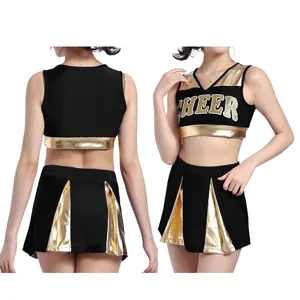 Women cheerleading costume set black gold sleeveless crop top and pleated skirt for dance.