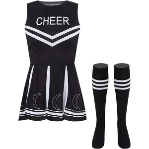Black cheerleader costume set including top skirt and socks for sports events and parties