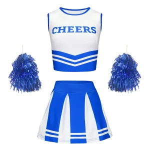 Kids girls cheerleading costume crop top and pleated skirt set with blue poms for sports dance