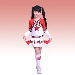 Detailed view of kids red white cheerleading costume set with star pattern for school sports event.