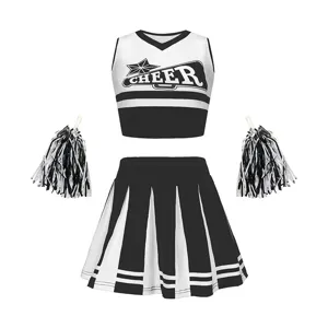 Details of the black and white kids cheerleading costume set with top, skirt and pompoms.