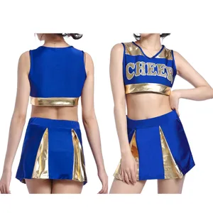 Women cheerleading costume set blue gold crop top pleated skirt performance outfit