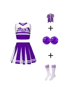 Set costume cheerleader bambini gilet viola gonna plissettata fiocco ponpon calze dettaglio