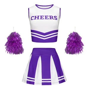Girls purple white cheerleading costume detail featuring crop top and pleated skirt with pom poms.