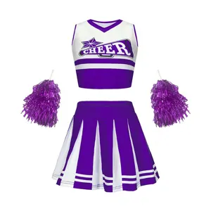 Purple and white cheerleader crop top skirt set with pom pom for kids performance detail view