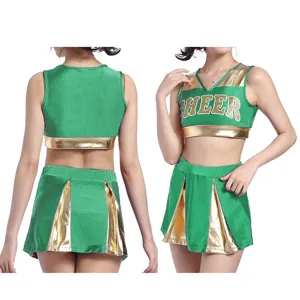 Green and gold cheerleading uniform set, perfect for modern dance performance and competition.