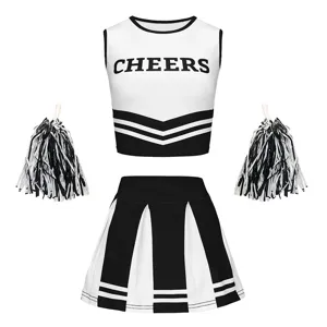 Girls black and white cheerleading costume set featuring cropped top, pleated skirt and pom poms.