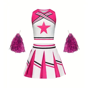 Kids cheerleader costume set pink crop top pleated skirt with pom poms performance outfit