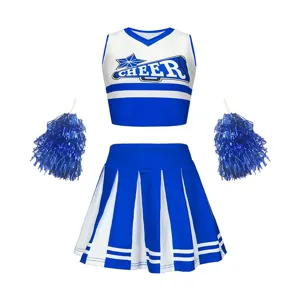 Kids cheerleading uniform set blue white dance costume with pom poms for girls performance