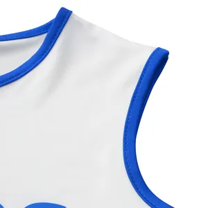 Kids cheerleader performance costume white top detail, sleeveless blue trim sportswear.