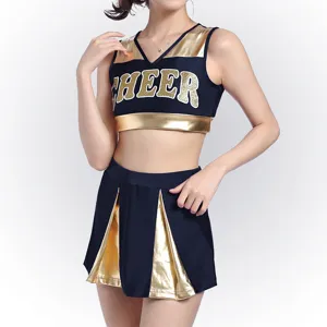 Detail view of the stylish cheerleading crop top and skirt set in navy blue and metallic gold.