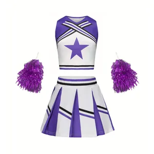 Kids cheerleader uniform set, purple crop top with star, pleated skirt and pom poms.