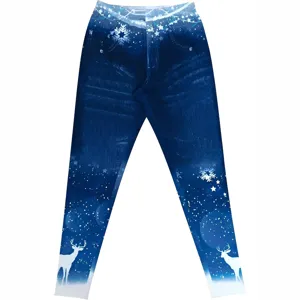 Women Christmas denim print leggings high waist slim fit winter stretch skinny trousers