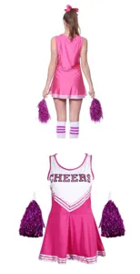 Cheerleader costume detail view showcasing the pink top and matching purple pom-poms.