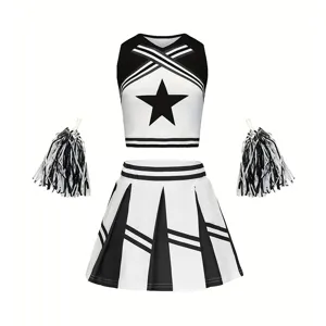 Kids cheerleading costume set with top skirt and pom poms for school sports performance.