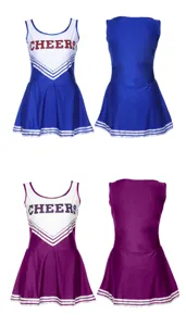 Cheerleading uniform set for women, featuring sleeveless top and pleated skirt designs.