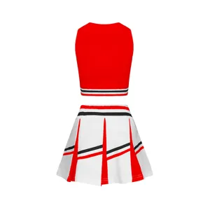 Red and white children cheerleader costume detail showing pleated skirt and cropped top design.