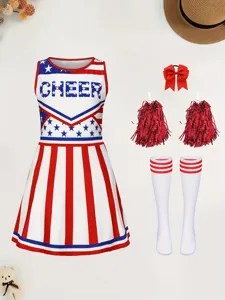 Kinderen Amerikaanse vlag cheerleader kostuum set met jurk, pompons, sokken en haarstrik