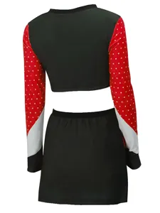 Cheerleader costume set featuring long sleeve crop top with polka dots and matching black skirt.