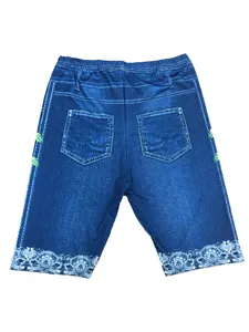 Detailed view of blue faux denim shorts with elastic high waist and lace hem design.