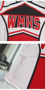 Top απόδοσης cheerleader, κόκκινο λευκό μαύρο V-neck σχεδιασμός, τύπωμα στήθους WMHS.