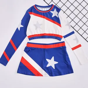 Kids long sleeve cheerleader costume crop top and skirt set for school sports performances.