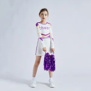 Kids long sleeve cheerleading dress performance costume with pom poms for school sports events
